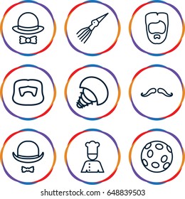 Mustache icons set. set of 9 mustache outline icons such as mustache, man hairstyle, hat and moustache, chef, hat and bow