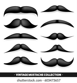 Mustache isolated on white. Black vector vintage moustache. Facial hair.Barber shop. Retro collection. Hipster beard.