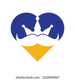 Mustache king heart shape concept vector logo design. Elegant stylish mustache crown logo.