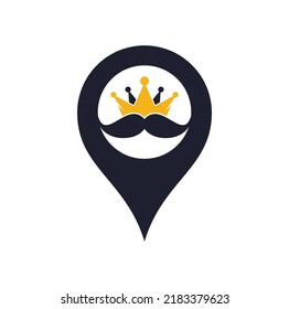 Mustache king map pin shape concept vector logo design. Elegant stylish mustache crown logo.