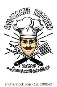 Mustache Kitchen Chef Restaurant Logo, Emblem, Badge, Patch Stock Vector Illustration