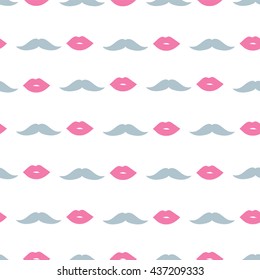 Mustache and lips on a white background in blue and pink shades pattern