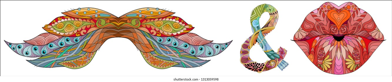 Mustache and lips ornate sketch for your design. Drawing, floral
