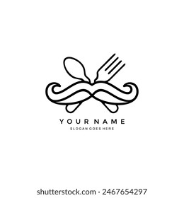 mustache logo, spoon and fork. vector illustration of restaurant business sign. classic themed restaurant