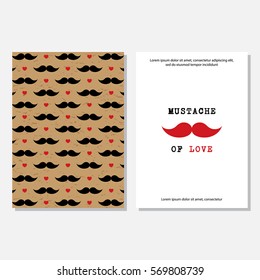 Mustache of love poster with red mustache and sample text. Valentine's Day pattern with red hearts and black mustache in hipster style. Poster, card, brochure, cover, title sheet, front page design.