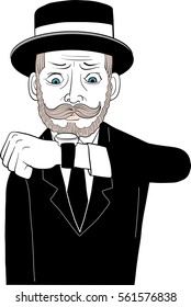 Mustache man in black suit checking watch