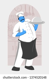 mustache man chef illustration with kitchen set background