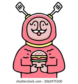 Mustache man with costume spatula horn holding burger illustration. Vector graphics for t-shirt prints and other uses.