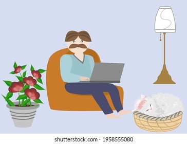 A mustache man is doing his work for freelance and work from home concept social distancing 