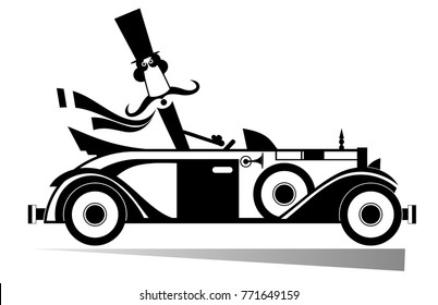 Mustache man drives a retro car isolated. Smiling mustache man in the top hat drives a retro car 
