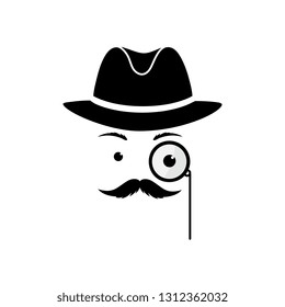 A mustache man in a hat and with a monocle. Secret agent in a bowler hat. Detective vector icon