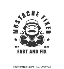 mustache man holding wrench. fixed logo. vector illustration