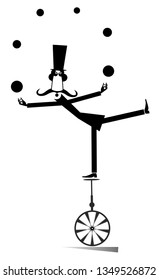  mustache man on the unicycle juggles the balls illustration. Funny long mustache man in the top hat balances on the unicycle and juggles the balls black on white illustration
