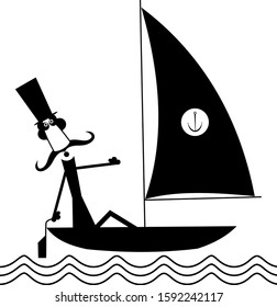 Mustache man sails of the yacht isolated illustration. Funny long mustache man in the top hat sails of the sailing boat black on white
