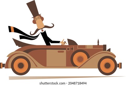 Mustache Man In The Top Hat Drives A Retro Car Illustration. Cartoon Long Mustache Man In The Top Hat Drives An Old Styled Cabriolet Isolated On White