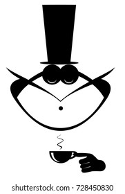 Mustache man in the top hat has a cap of coffee isolated. Mustache man in the top hat drinks a cup of coffee black on white illustration
