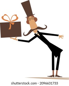 Mustache man in the top hat holds a huge present box with ribbon illustration. 
Long mustache gentleman in the top hat celebrating birthday or important event isolated on white
