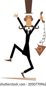 Mustache man in the top hat is in panic illustration. 
Upset long mustache gentleman in the top hat with hands up holds a telephone receiver isolated on white
