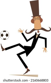 Mustache man in the top hat playing football. 
Cartoon long mustache gentleman in the top hat playing football isolated on white background
