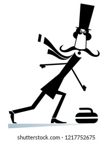 Mustache man in the top hat plays curling isolated illustration. Mustache gentleman in the top hat pushes a stone towards a black on white illustration 
