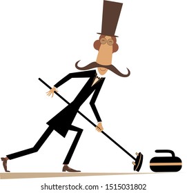 Mustache man in the top hat plays curling isolated illustration. Mustache gentleman in the top hat with curling brush pushes a stone towards the target isolated on white illustration 