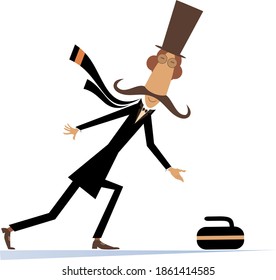 Mustache man in the top hat plays curling isolated illustration. Mustache gentleman in the top hat with curling brush pushes a stone towards the target isolated on white 
