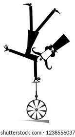 Mustache man in the top hat rides on unicycle illustration. Equilibrist mustache man in the top hat stands on one hand on unicycle head over heels black on white illustration
