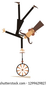 Mustache man in the top hat rides on unicycle illustration. Equilibrist mustache man in the top hat stands on one hand on unicycle head over heels isolated on white illustration