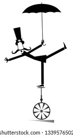 Mustache man in the top hat rides on unicycle illustration. Equilibrist mustache man in the top hat stands one leg on unicycle and holds an umbrella black on white illustration