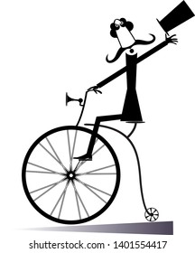 Mustache man in the top hat rides a retro bike illustration. Cartoon long mustache man in the top hat rides on a retro bike and looks healthy and happy black on white illustration
