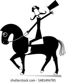 Mustache man in the top hat rides on the horse illustration. Cartoon long mustache man in the top hat rides on the horse black on white

