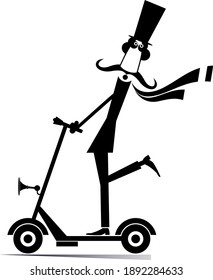 Mustache man in the top hat rides on scooter illustration. Long mustache gentleman in the top hat riding ecologically clean urban vehicle black on white

