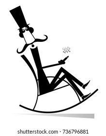 Mustache man in the top hat sits in the rocking chair and smokes a cigar 