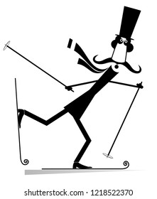 Mustache man in the top hat a skier isolated illustration. Mustache gentleman in the top hat is skiing black on white illustration
