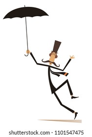 Mustache man in the top hat with umbrella staying on the wind isolated on white illustration vector