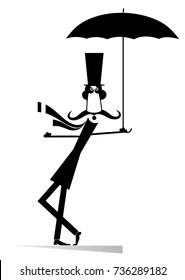 Mustache man in the top hat with umbrella staying on the wind