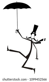 Mustache man in the top hat walking with umbrella black on white illustration vector