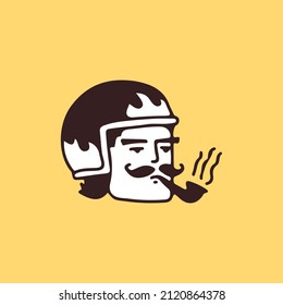 Mustache man wearing helmet and smoking pipe, illustration for t-shirt, sticker, or apparel merchandise. With retro cartoon style.