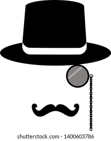 
mustache, monocle and hat on white background