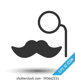 Mustache and monocle icon. Simple flat logo of mustache and monocle on white background. Vector illustration. Abstract vector hipster silhouette with monocle and mustache.