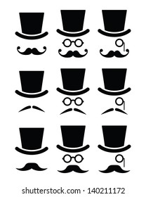 Mustache or moustache with hat and glasses icons set