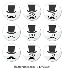 Mustache or moustache with hat and glasses icons set