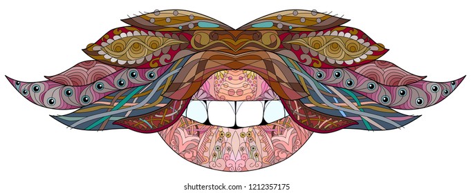 Mustache and mouth ornate sketch for your design. Drawing, floral