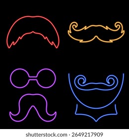 mustache neon icon group, vector illustration on black background.