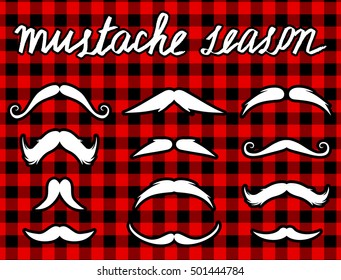 Mustache november vector set. Moustache season hand drawn lettering icons on lumberjack background.