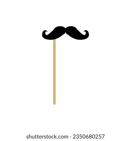 Mustache on stick, funny props for photo booth, flat vector illustration isolated on white background. Cute hipster accessory. Symbol of fathers day and barbershop.