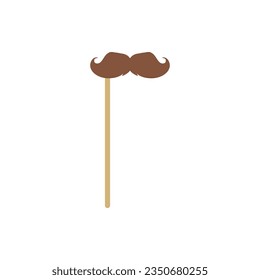 Mustache on stick, photo booth prop, flat vector illustration isolated on white background. Funny accessory for parties, carnivals and masquerades. Fake mustache on stick.