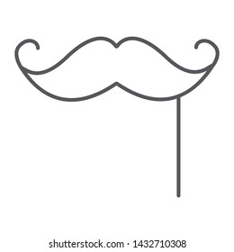 Mustache on a stick thin line icon, male and mask, facial hair sign, vector graphics, a linear pattern on a white background, eps 10.