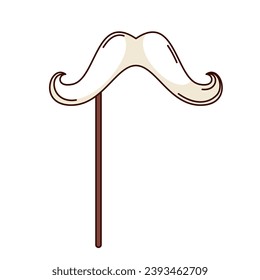 Mustache on stick vector illustration. Cartoon isolated retro photo booth props and Christmas sticker with funny white curly moustache of Santa Claus character, cute mask for fun Christmas party