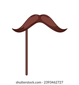 Mustache on stick vector illustration. Cartoon isolated cute retro paper mask of photo booth props with male brown moustache, fake gentlemans mustache for carnival, Christmas or birthday party